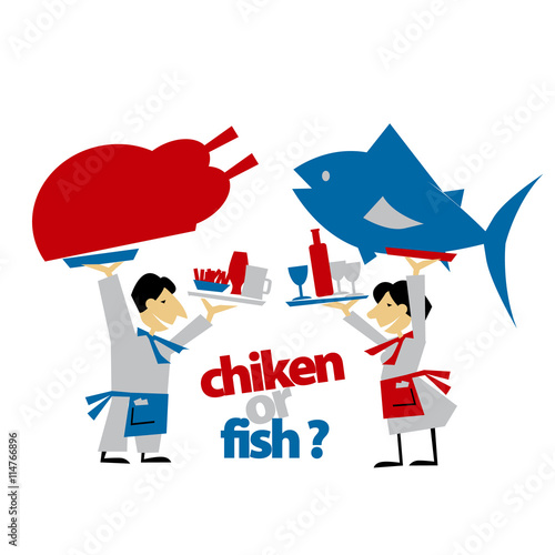 cafe waiters hold meat and fish. simple flat header. vector illu