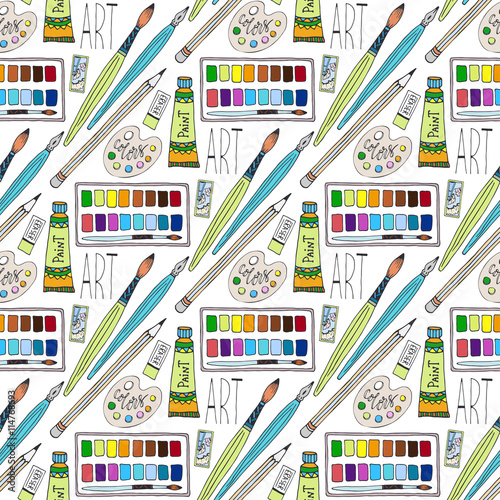 Vector cartoon doodles hand drawn art supplies seamless pattern.  school background