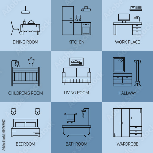 Set of line vector interior design room types icons.