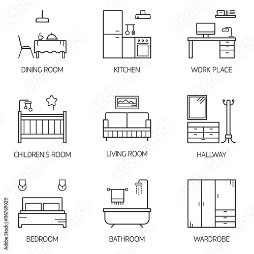 Set of line vector interior design room types icons.
