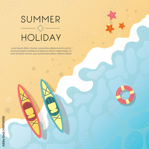 Set of summer travel flyers with beach items and wave.
