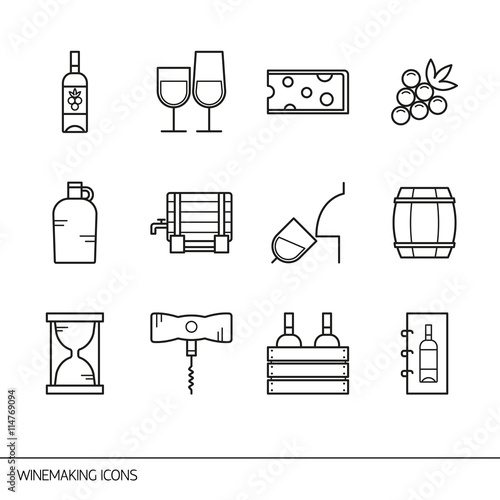 Vector line icons with wine and winemaking symbols. photo