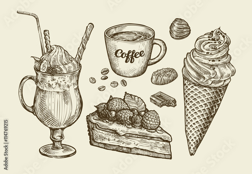 Food, dessert, drink. Hand drawn ice cream, sundae, cup of coffee, tea, cake, pie, chocolate, candy, cocktail, smoothie, milkshake. Sketch vector illustration