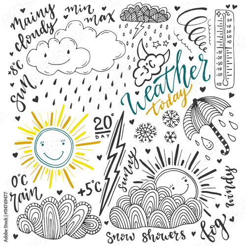 Weather doodles icon set. Hand drawn sketch illustration with lettering