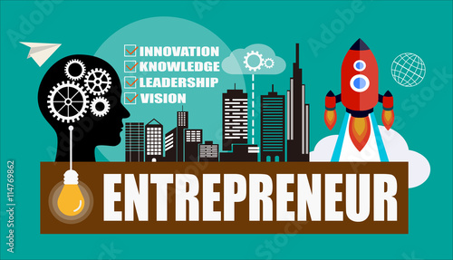 Entrepreneur concept background with head silhouette , gears, rockets, city background