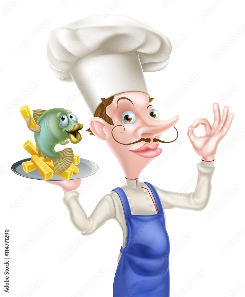 Cartoon Chef With Fish and Chips Cartoon Chef With Fish and Chips