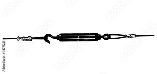 Metallic rope with hook, black and white vector graphic