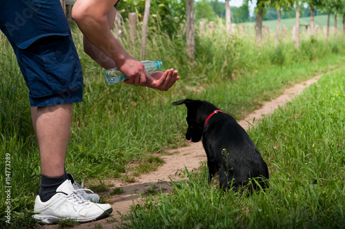Man gives his dog water to drink on walk