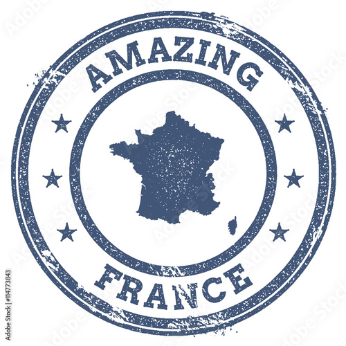 Vintage travel stamp featuring a grunge round sticker of France with a map outline and stars.