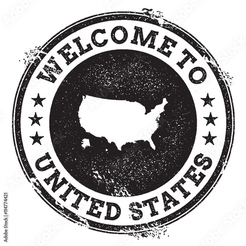 Vintage passport welcome stamp with United States map. Grunge rubber stamp with Welcome to United States text, vector illustration.