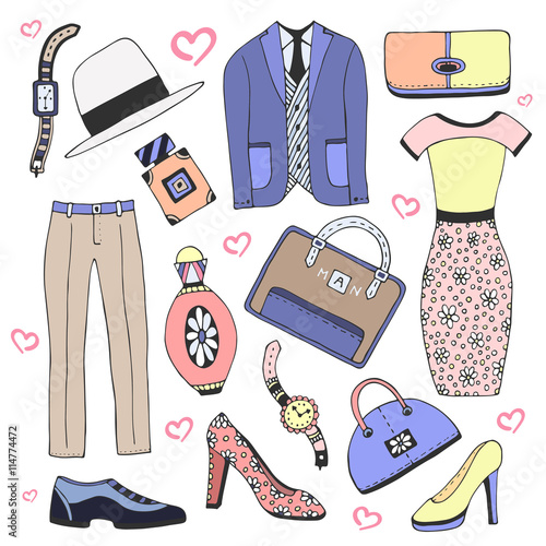 Fashion clothes and accessories set. Doodles vector sketch icons for man  woman beauty design