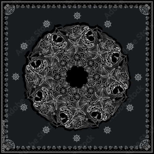 Black and white marine bandana square pattern design.