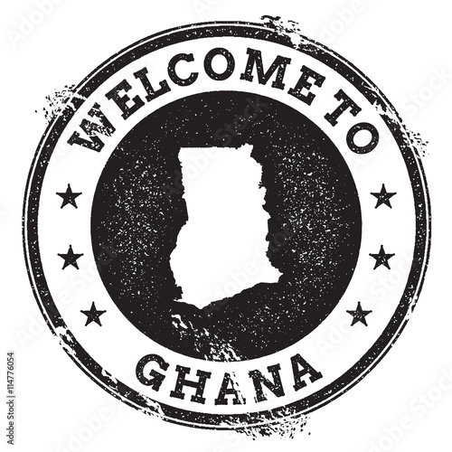Vintage passport welcome stamp with Ghana map. Grunge rubber stamp with Welcome to Ghana text, vector illustration.
