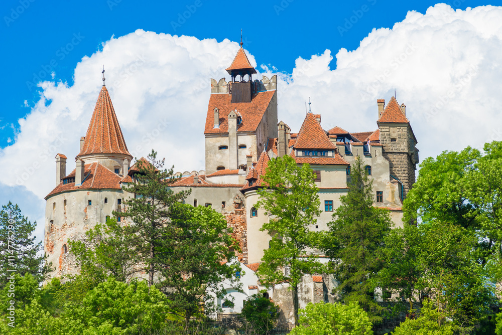 Beautiful architecture of Dracula castle in Bran town, located on the hill in Brasov region, Romania