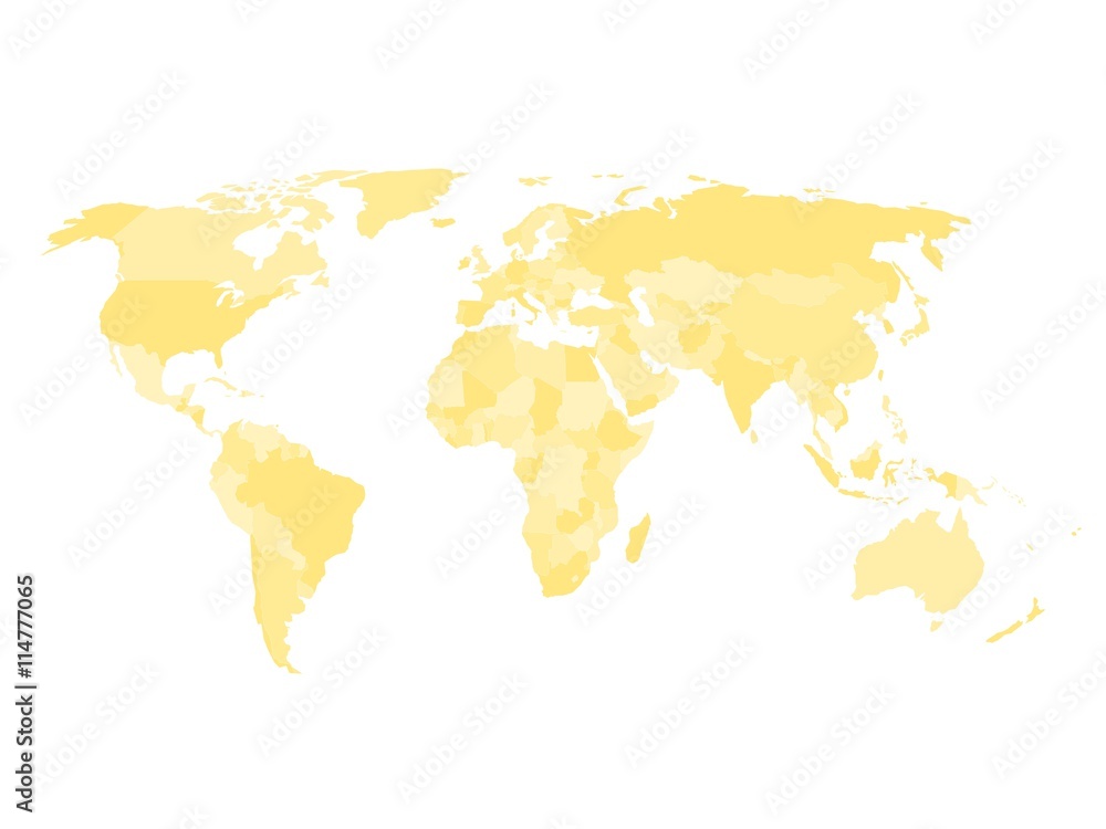 Blank political map of world in four shades of yellow and white background. Simplified vector map.