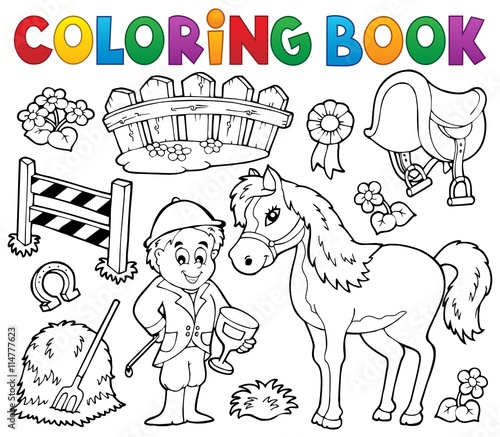 Coloring book jockey and horse thematics