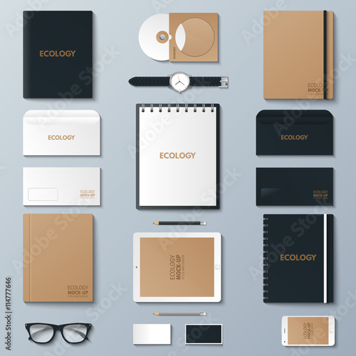 Corporate identity template set. Business stationery mock-up with logo. Branding design. Notebook, card, catalog, pen, pencil, badge, tablet pc, mobile phone, letterhead.