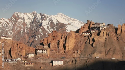 Panorama of Dhankar Gompa Monastery (3894 m) at sunrise. Spiti valley, Himachal Pradesh, India. photo