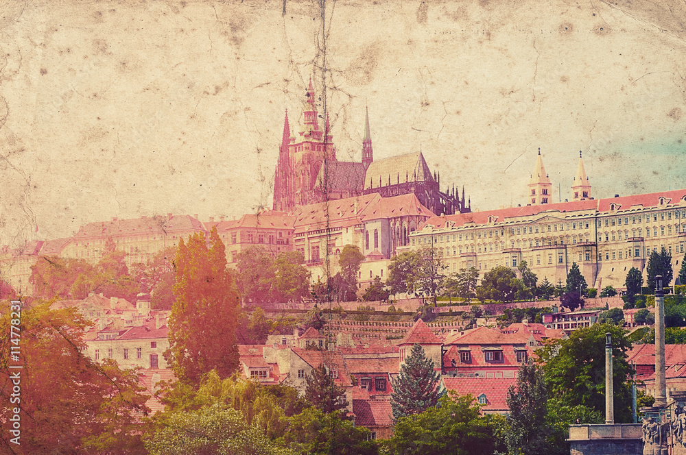 Old vintage picture with Prague town, Czech republic
