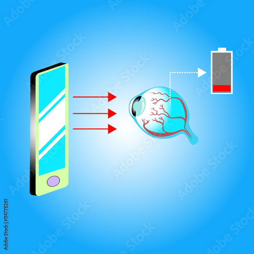 Smartphone and eye with battery low icon, meaning of eye care for long time social on smartphone.