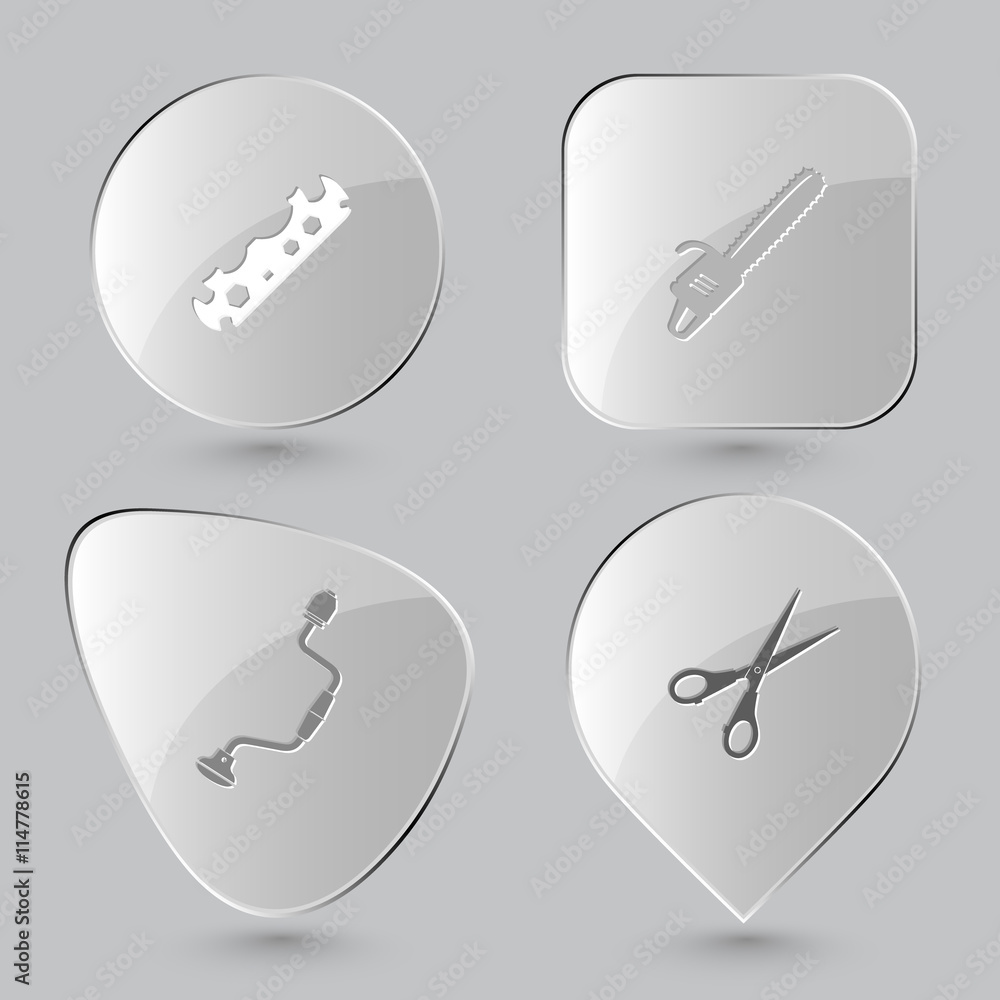 cycle spanner, gasoline-powered saw, hand drill, scissors.