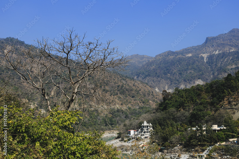 View of Ganga and Rishikesh, holy Indian place, capital of yoga