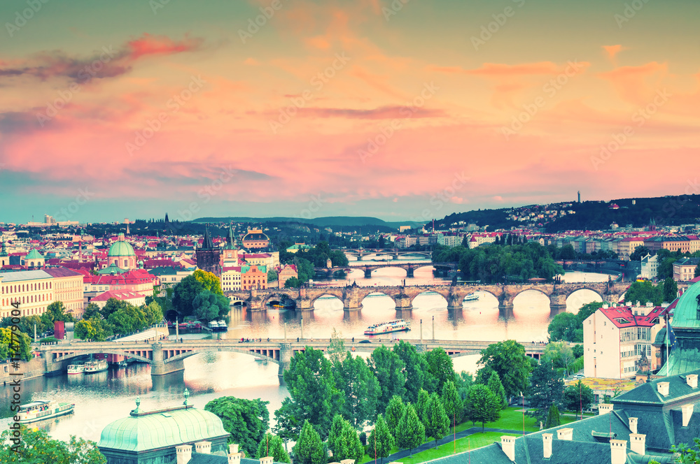 Viewing on Vltava river and Prague cityscape at sunset