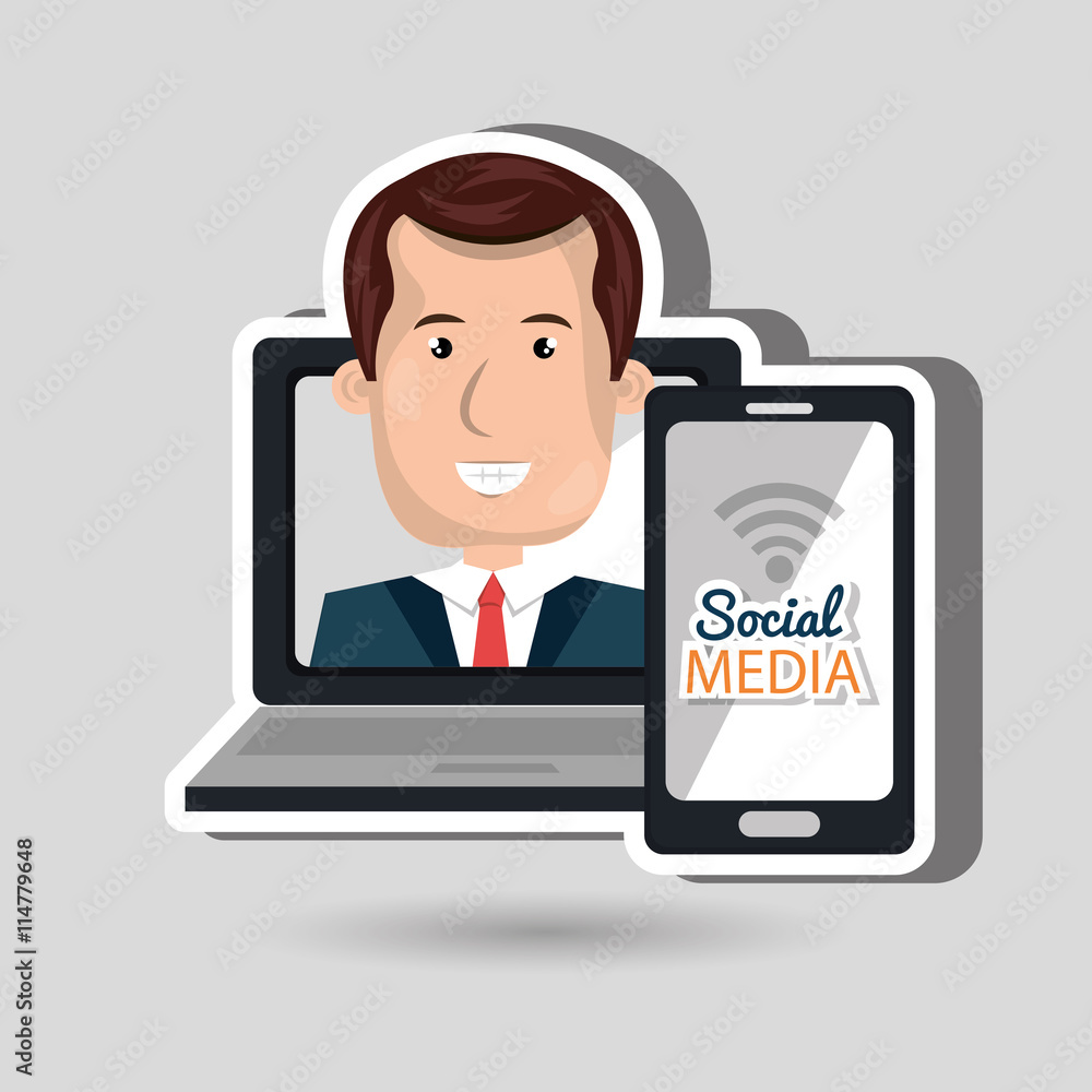 laptop user with social networking smartphone isolated icon design, vector illustration graphic laptop user with social networking smartphone isolated icon design, vector illustration graphic
