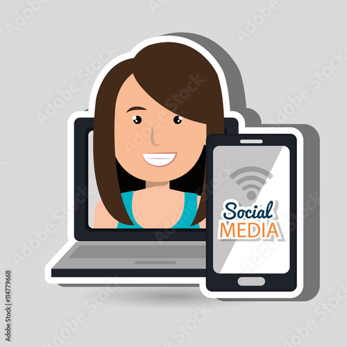 laptop user with social networking smartphone isolated icon design, vector illustration  graphic 