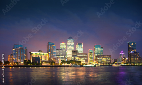 LONDON, UK - OCTOBER 17, 2014: Canary Wharf business and banking aria and first night lights