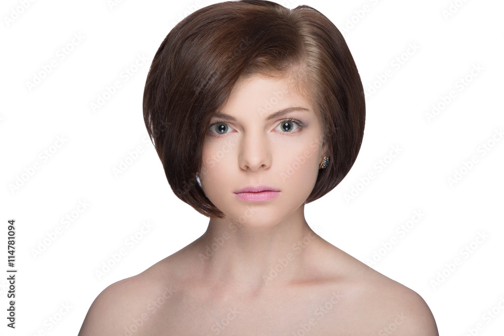 beautiful brunette looking at camera isolated on white