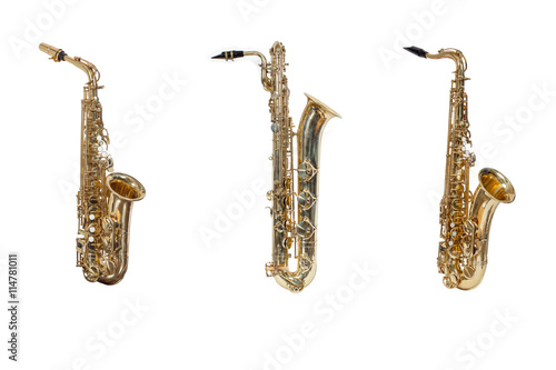 wind instruments saxophones Alto tenor baritone isolated against a white background