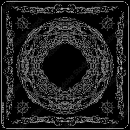 Black and white sea life bandana square pattern design.