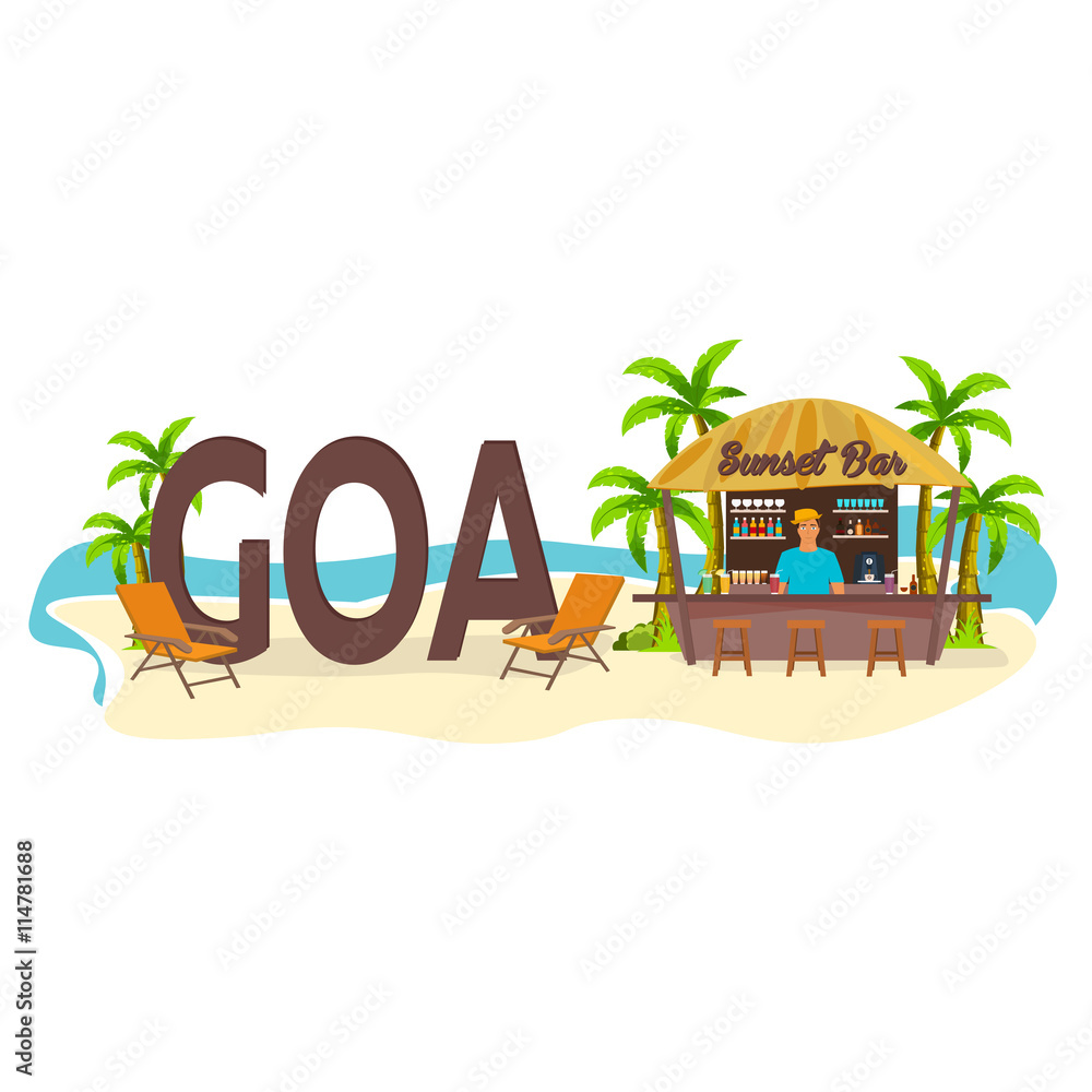 Beach Bar. Goa, India. Travell. Palm, drink, summer, lounge chair, tropical. - obrazy, fototapety, plakaty 