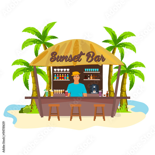 Beach Bar. Travell. Palm, drink, summer, lounge chair, tropical.