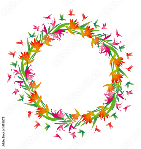 tropical vivid flower and colibri birds in round frame. vector i