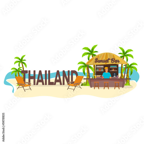 Beach Bar. Thailand. Travell. Palm, drink, summer, lounge chair, tropical.