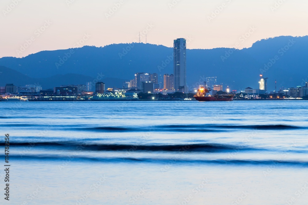 George Town City high rise building view with mountain and sea, Penang Malaysia