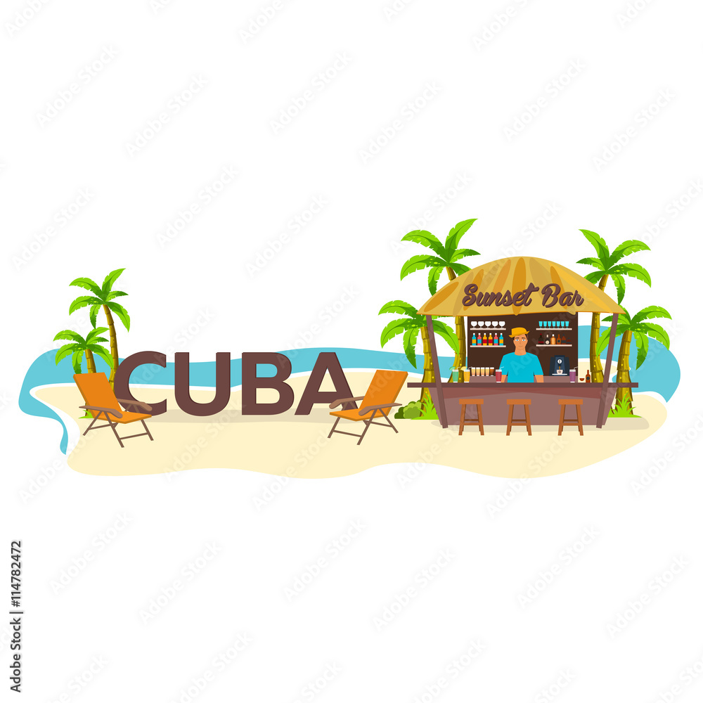 Obraz premium Beach Bar. Cuba. Travell. Palm, drink, summer, lounge chair, tropical.