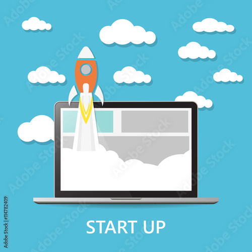 Concept. Project start up - launch illustration on blue background