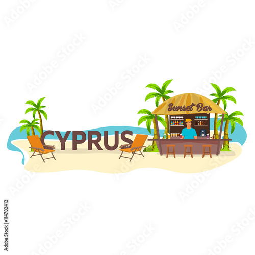 Beach Bar. Cyprus. Travell. Palm, drink, summer, lounge chair, tropical.