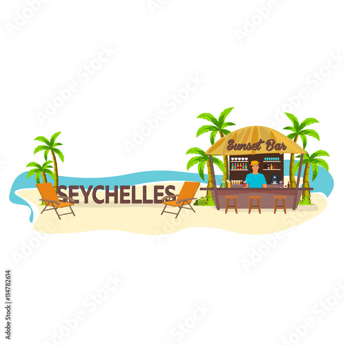 Beach Bar. Seychelles. Travell. Palm, drink, summer, lounge chair, tropical.