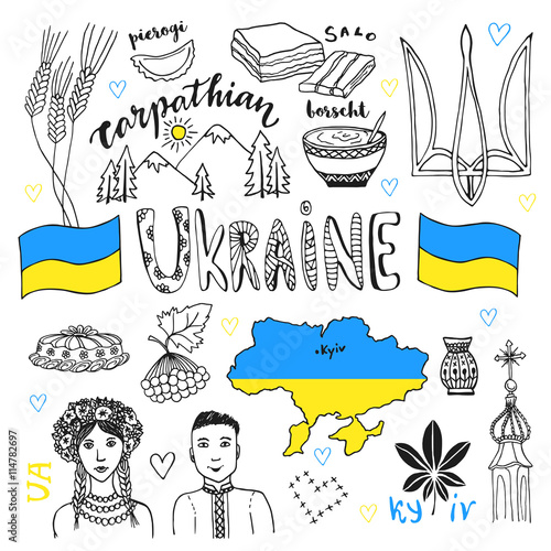 Vector hand drawn line art set of Ukraine signs and people characters. Ukrainian icons collection with tradition food