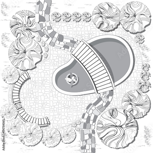 Plan of garden with decorative plant and furniture symbols.