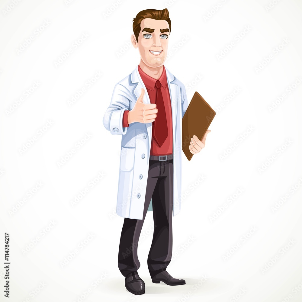 Cute male doctor in medical coat shows gesture thumbs up Cute male doctor in medical coat shows gesture thumbs up