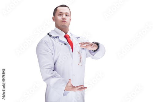 Doctor with stethoscope in a hospital. white background. isolated. High resolution. photo