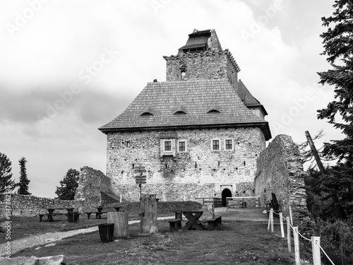 Courtyard of medieval Kasperk Castle in South Bohemia, Czech Republic . Black and white image. photo