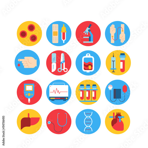 Colorful medical round icon set. Vector blood and heart tests pictorgam collection.