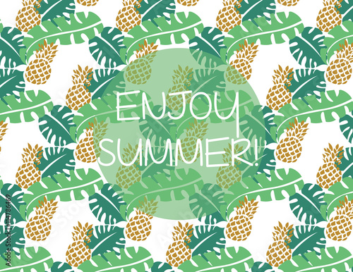 Summer pattern background texture with pineapple fruits and green leaves