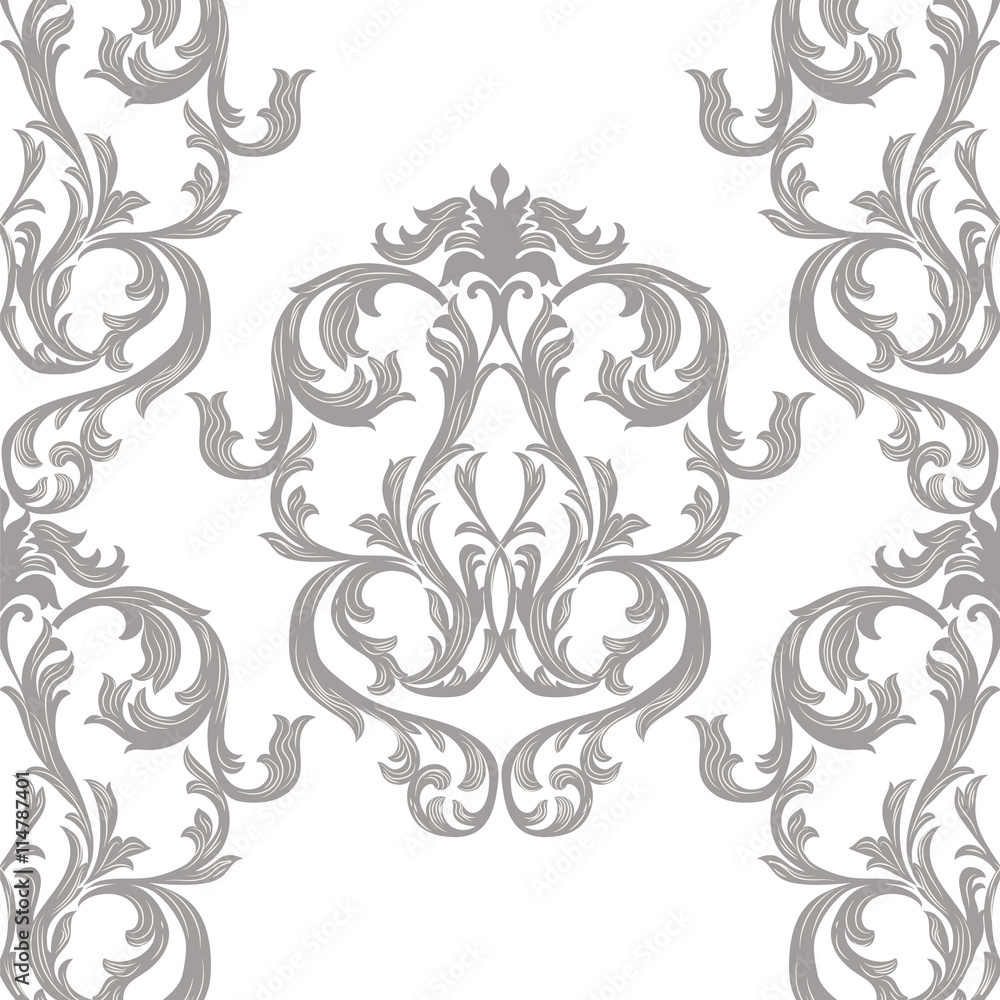 Vector Vintage Damask Pattern ornament Royal style. Ornate floral acanthus element for fabric, textile, design, wedding invitation, greeting cards, wallpaper. Gray and white color